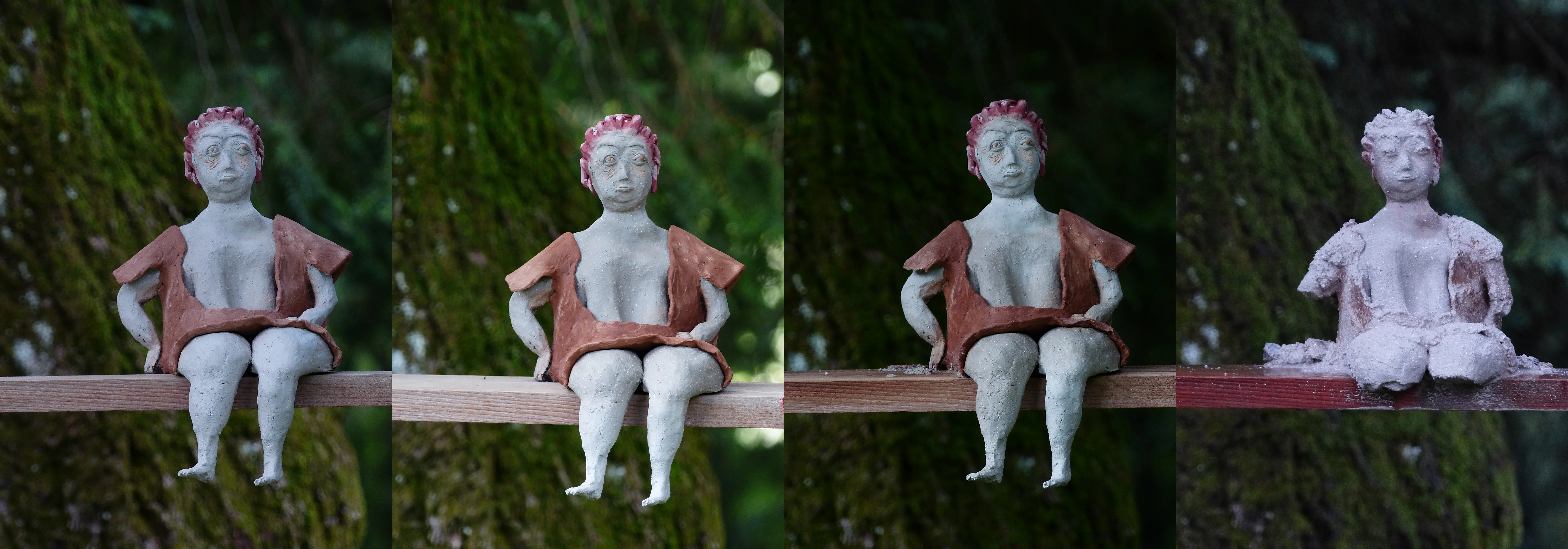 Sculpture en terre cru, d'un personnage sur une planche de bois, évolution du modelage au fil des jours